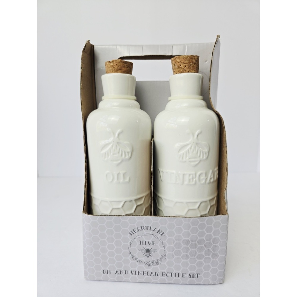 Heartland Hive Set of White Ceramic Vinegar And Oil Bottles NEW